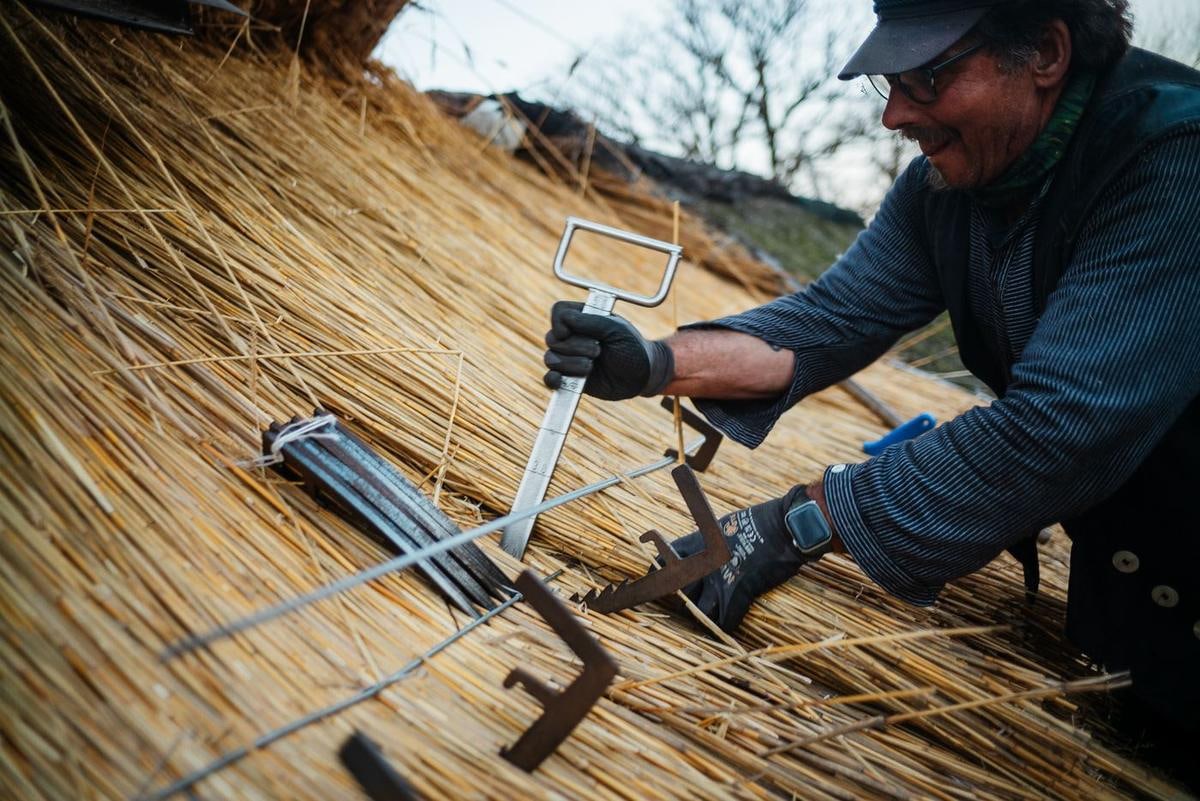 Ein Metallwerkzeug mit Hebel liegt auf dem Reet, ein Handwerker greift danach.