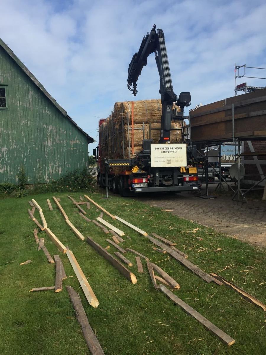 Lkw-Kran hebt Reetbunde, im Gras liegen Holzlatten.